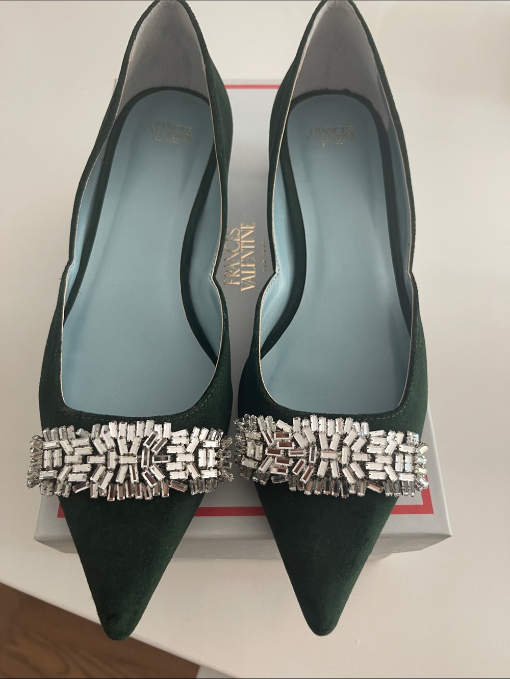 Frances Valentine Paulav ForestGreen Suede Pointed Toe Pumps with Crystal Buckle